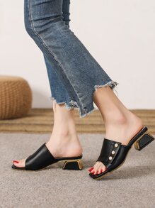 Giày sandal hở gót đế dày thanh lịch màu đen dành cho nữ, thích hợp cho mùa xuân/hè, đính ngọc trai giả. - màu đen - Xem 2