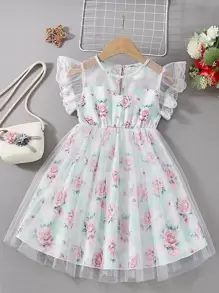 SHEIN Đầm bé gái Tương phản ren Tương phản Mesh Xù Hoa Boho - Nhiều màu - Xem 1