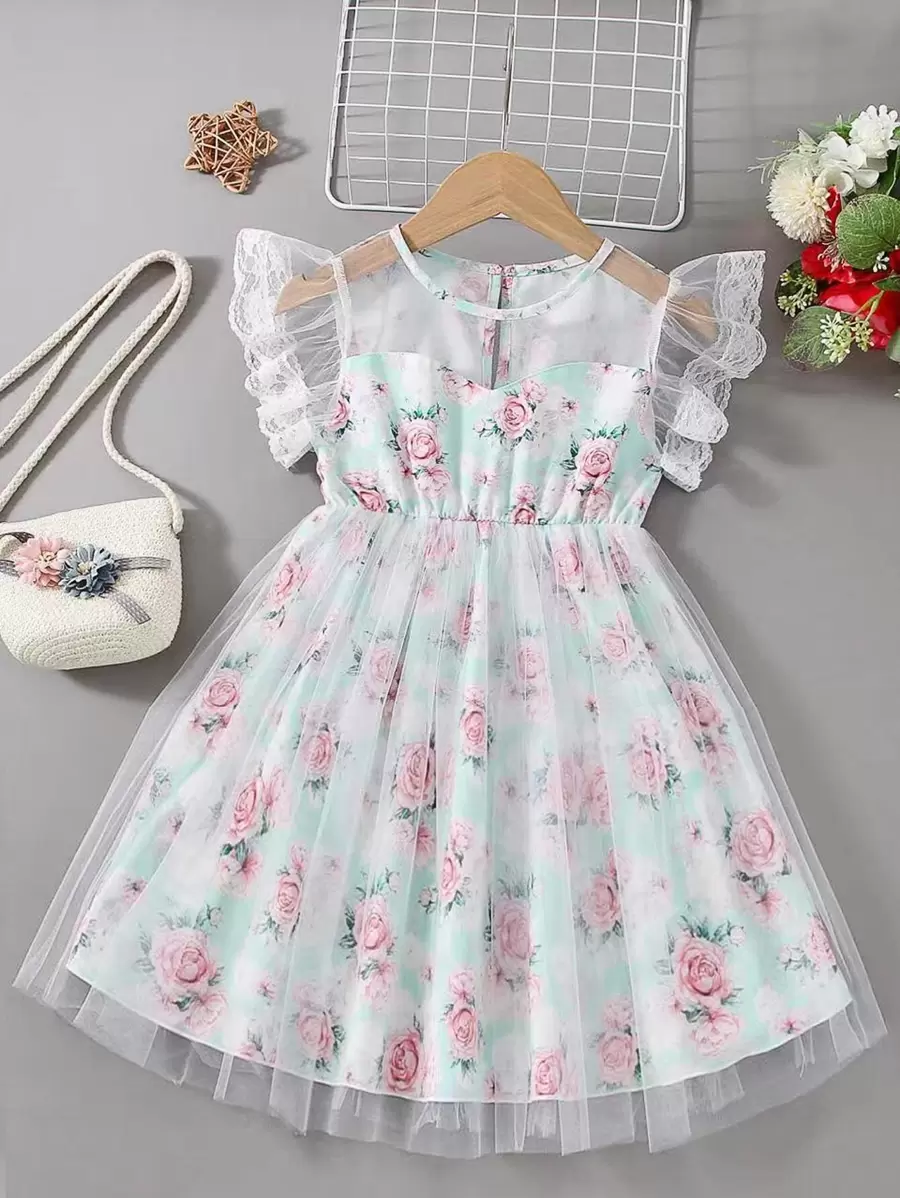 SHEIN Đầm bé gái Tương phản ren Tương phản Mesh Xù Hoa Boho - Nhiều màu - Xem 1