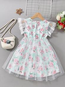 SHEIN Đầm bé gái Tương phản ren Tương phản Mesh Xù Hoa Boho - Nhiều màu - Xem 2