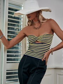 Sollinarry 女士夏季度假条纹扭纹镂空针织抹胸上衣，海滩度假装 - 彩色 - 查看 3