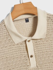 GENTILAND 男士中空設計純色卡其色休閒假期鈕扣短袖Polo衫 - 杏色 - 查看 4