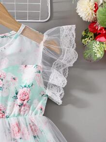 SHEIN Đầm bé gái Tương phản ren Tương phản Mesh Xù Hoa Boho - Nhiều màu - Xem 3