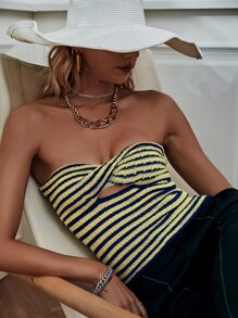 Sollinarry 女士夏季度假条纹扭纹镂空针织抹胸上衣，海滩度假装 - 彩色 - 查看 6