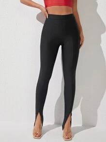 SHEIN PETITE Split Hem Skinny Trousers - Black - View 1
