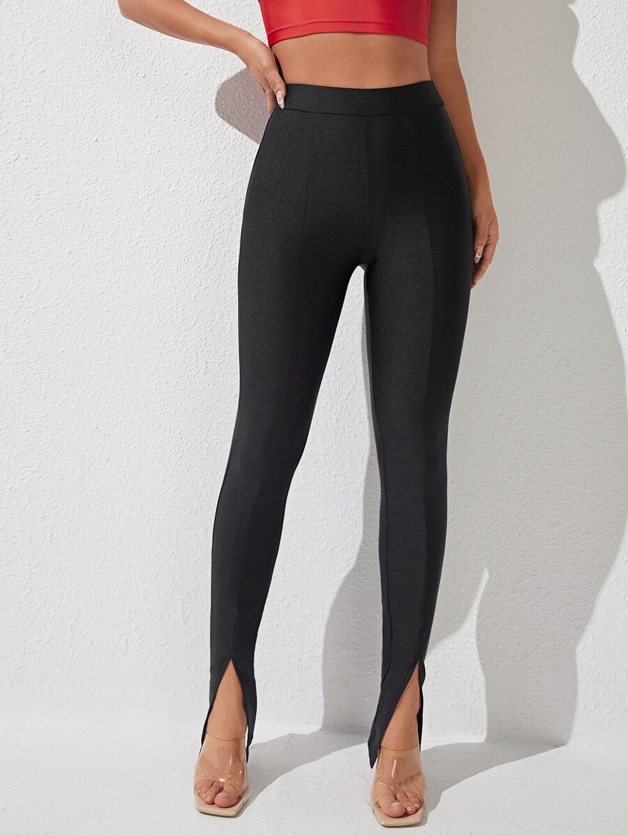 SHEIN PETITE Split Hem Skinny Trousers - Black - View 1