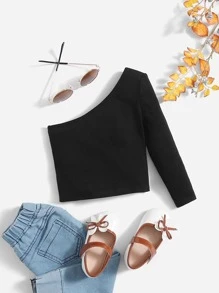 SHEIN Baby Girl One Shoulder Solid Tee - Black - View 2