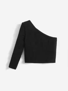 SHEIN Baby Girl One Shoulder Solid Tee - Black - View 3