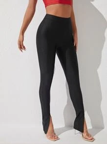 SHEIN PETITE Split Hem Skinny Trousers - Black - View 3