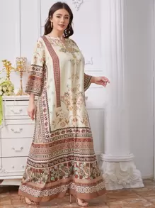 Al Najma Plus Notch Neck Floral Print Dress, Modest - Multicolor - View 1