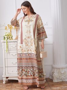Al Najma Plus Notch Neck Floral Print Dress, Modest - Multicolor - View 5