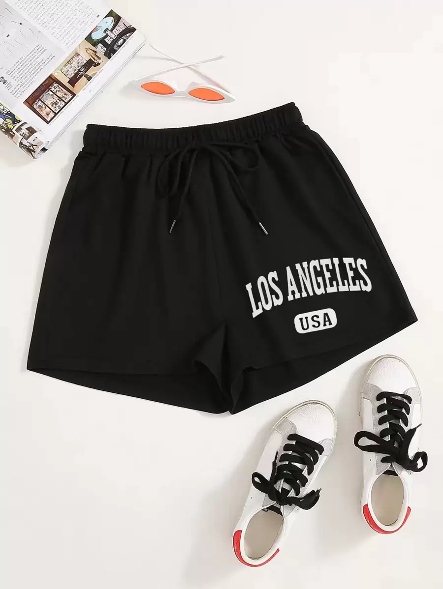 SHEIN Unity Letter Graphic Drawstring Shorts - Black - View 1