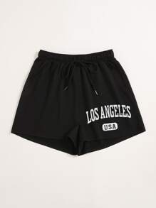 SHEIN Unity Letter Graphic Drawstring Shorts - Black - View 5