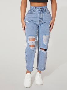 SHEIN PETITE Jeans de pierna recta de talle alto desgarro bajo de doblez - Lavado ligero - Ver 3