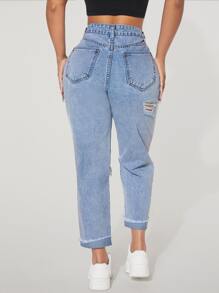 SHEIN PETITE Jeans de pierna recta de talle alto desgarro bajo de doblez - Lavado ligero - Ver 2