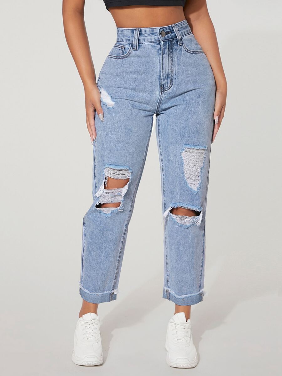 SHEIN PETITE Jeans de pierna recta de talle alto desgarro bajo de doblez - Lavado ligero - Ver 1