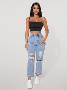 SHEIN PETITE Jeans de pierna recta de talle alto desgarro bajo de doblez - Lavado ligero - Ver 4