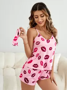 Lip Print Cami PJ Set / Pajama Set With Eye Mask - Pink - View 5