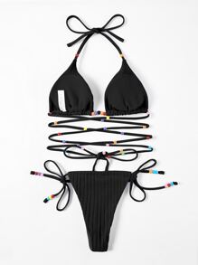 Textured Bikini Set Criss Cross Halter Triangle Bra & Tie Side Bottom 2 Pieces Bikini Summer Beach - Black - View 2