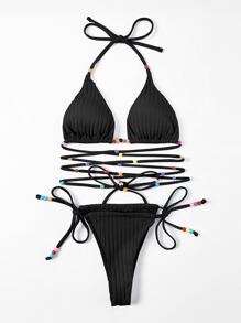 Textured Bikini Set Criss Cross Halter Triangle Bra & Tie Side Bottom 2 Pieces Bikini Summer Beach - Black - View 4