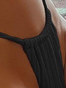 Textured Bikini Set Criss Cross Halter Triangle Bra & Tie Side Bottom 2 Pieces Bikini Summer Beach - Black - View 5