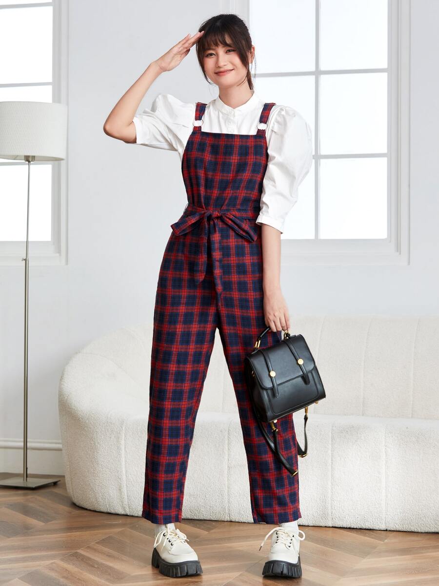 SHEIN Essnce Áo liền quần Thắt lưng kẻ sọc Sẵn sàng - Màu Đỏ Sâu - Xem 1