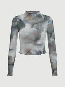 SHEIN EZwear 生菜边饰透视网纱上衣（不含胸罩） - 彩色 - 查看 1