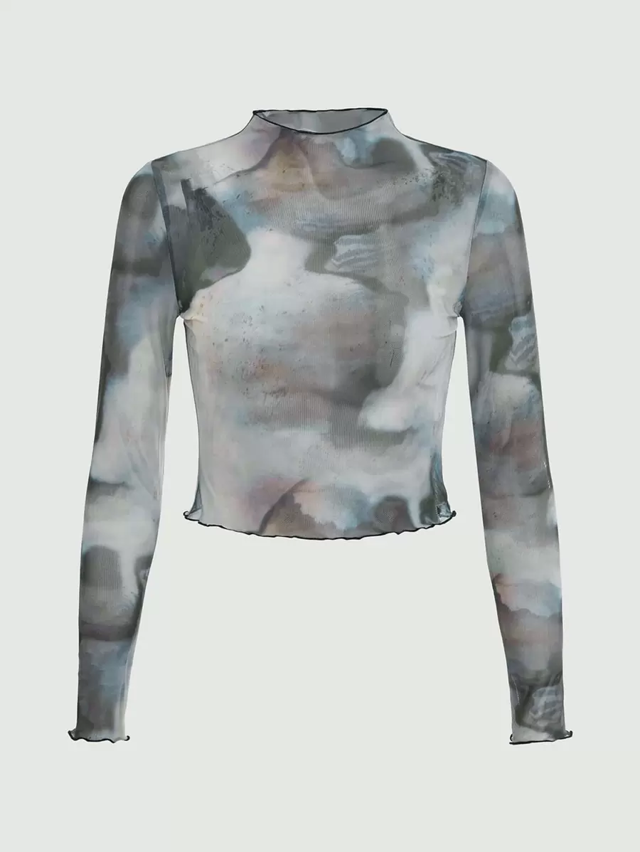 SHEIN EZwear 生菜边饰透视网纱上衣（不含胸罩） - 彩色 - 查看 1