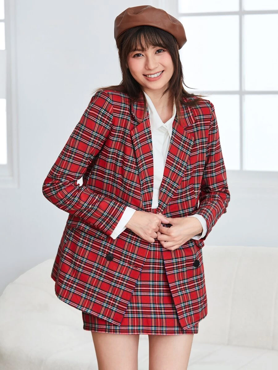 SHEIN Privé Bộ áo khoác và chân váy kẻ caro cổ khoét hai hàng khuy cho mùa thu/đông - Màu Đỏ Sâu - Xem 1