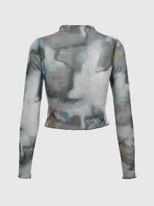 SHEIN EZwear 生菜边饰透视网纱上衣（不含胸罩） - 彩色 - 查看 2