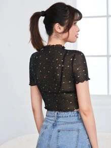 SHEIN BAE Lettuce Trim Galaxy Sheer Mesh Crop Top Without Bra - Black - View 2