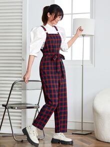 SHEIN Essnce Áo liền quần Thắt lưng kẻ sọc Sẵn sàng - Màu Đỏ Sâu - Xem 3