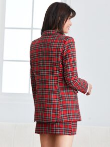 SHEIN Privé Bộ áo khoác và chân váy kẻ caro cổ khoét hai hàng khuy cho mùa thu/đông - Màu Đỏ Sâu - Xem 2