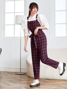 SHEIN Essnce Áo liền quần Thắt lưng kẻ sọc Sẵn sàng - Màu Đỏ Sâu - Xem 4