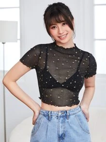 SHEIN BAE Lettuce Trim Galaxy Sheer Mesh Crop Top Without Bra - Black - View 3