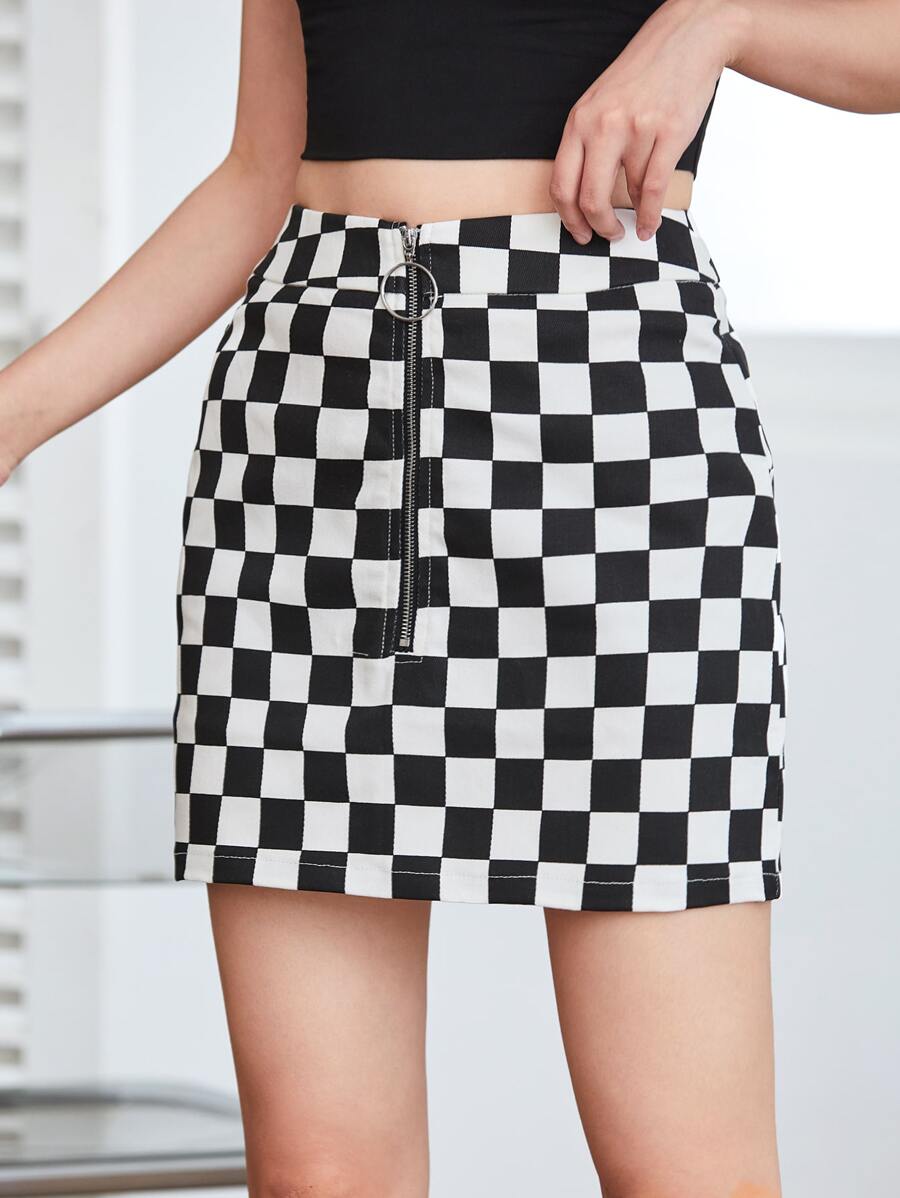 SHEIN Coolane O-Ring Zip Fly Checkered Skirt - Black and White - View 1