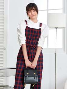 SHEIN Essnce Áo liền quần Thắt lưng kẻ sọc Sẵn sàng - Màu Đỏ Sâu - Xem 5