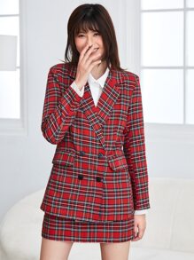 SHEIN Privé Bộ áo khoác và chân váy kẻ caro cổ khoét hai hàng khuy cho mùa thu/đông - Màu Đỏ Sâu - Xem 4
