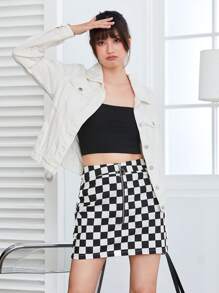 SHEIN Coolane O-Ring Zip Fly Checkered Skirt - Black and White - View 3