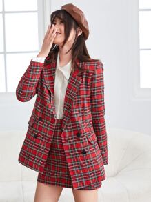 SHEIN Privé Bộ áo khoác và chân váy kẻ caro cổ khoét hai hàng khuy cho mùa thu/đông - Màu Đỏ Sâu - Xem 5