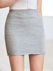 SHEIN Essnce 生菜下擺羅紋針織半身裙 - 灰色 - 查看 4