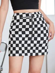 SHEIN Coolane O-Ring Zip Fly Checkered Skirt - Black and White - View 5