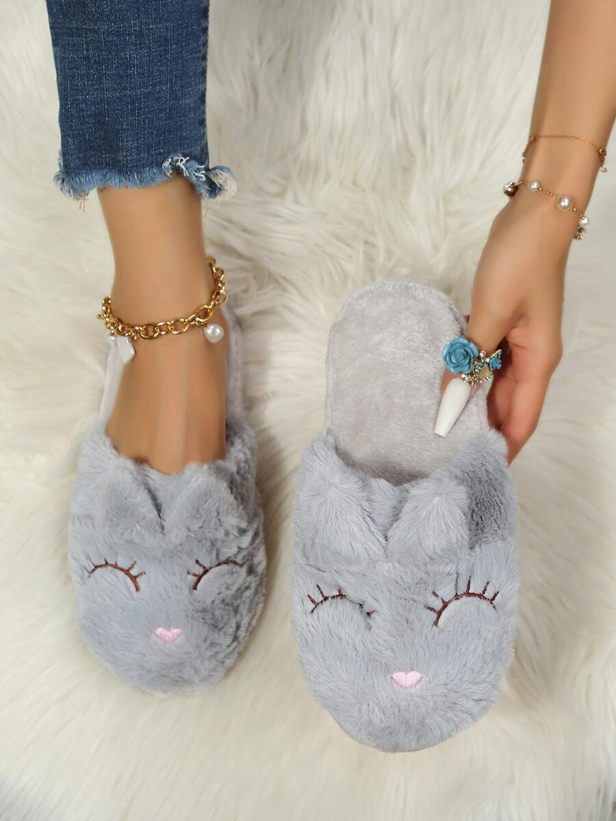 Hoạt Hình Thêu Lông Tơ Mới Lạ Dép, nữ Mùa Đông Ấm Áp Hoạt Hình Màu Xám Bít Mũi Nhà Làm Dày Sang Trọng Dép Tặng Dép - Xám - Xem 1