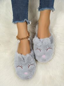 Hoạt Hình Thêu Lông Tơ Mới Lạ Dép, nữ Mùa Đông Ấm Áp Hoạt Hình Màu Xám Bít Mũi Nhà Làm Dày Sang Trọng Dép Tặng Dép - Xám - Xem 2