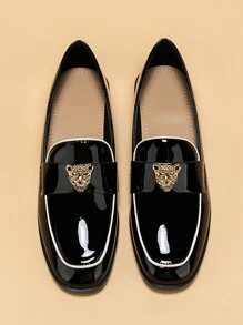 Leopard Decor Contrast Binding Square Toe Flat Loafers, Women's Black Flat Shoes With Fashion Rhinestone And Solid Pure Metallic Color Loafers Valentines