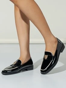 Leopard Decor Contrast Binding Square Toe Flat Loafers, Women's Black Flat Shoes With Fashion Rhinestone And Solid Pure Metallic Color Loafers Valentines