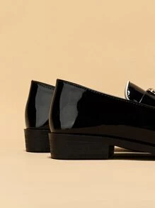 Leopard Decor Contrast Binding Square Toe Flat Loafers, Women's Black Flat Shoes With Fashion Rhinestone And Solid Pure Metallic Color Loafers Valentines