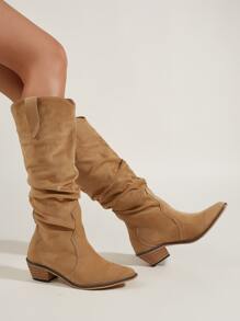 Botas arrugadas sintética de punta con tacón grueso - Marrón - Ver 1