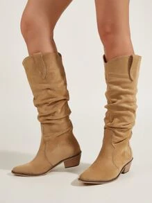 Botas arrugadas sintética de punta con tacón grueso - Marrón - Ver 2