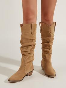 Botas arrugadas sintética de punta con tacón grueso - Marrón - Ver 4